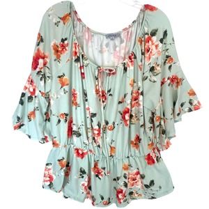 White Burch Floral Babydoll Off Shoulder Top Womens 2X Mint Green Bell Sleeves